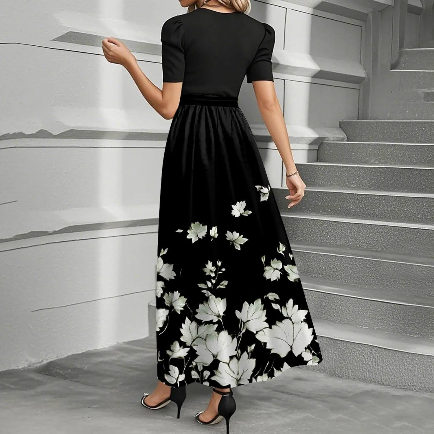 ZEFOTIM Long Dresses for Women 2025 Party Floral Dress Short Sleeve Crew Neck Dresses with Belt