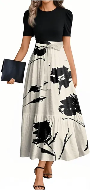 ZEFOTIM Long Dresses for Women Casual Cute Floral Dress Short Sleeve Crew Neck Dresses with Belt