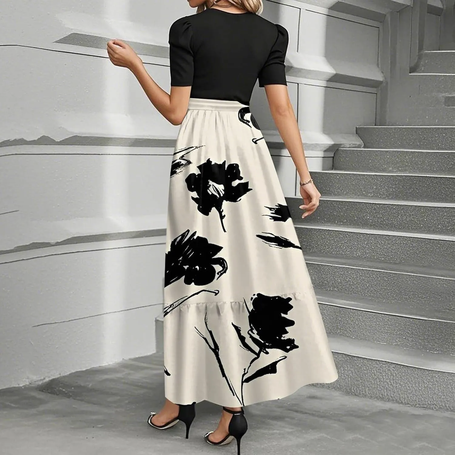 ZEFOTIM Long Dresses for Women Casual Cute Floral Dress Short Sleeve Crew Neck Dresses with Belt