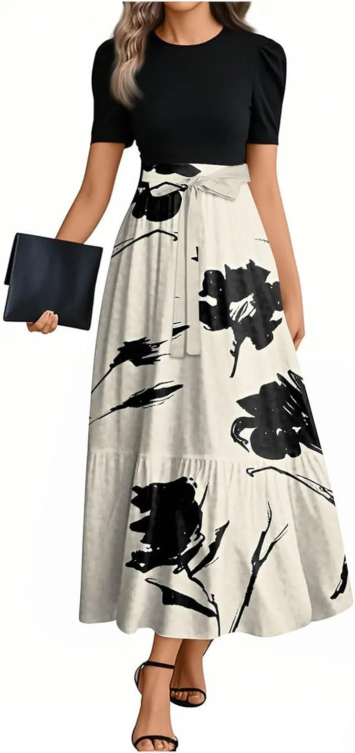 ZEFOTIM Long Dresses for Women Casual Cute Floral Dress Short Sleeve Crew Neck Dresses with Belt