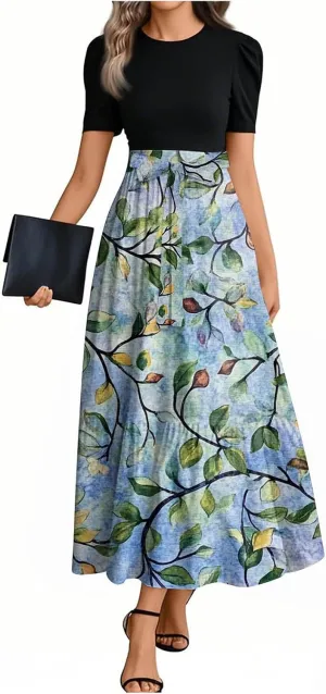 ZEFOTIM Long Flowy Dresses for Women Cute Floral Dress Short Sleeve Crew Neck Dresses with Belt
