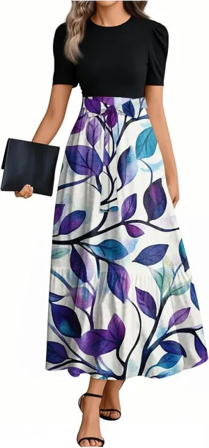 ZEFOTIM Long Flowy Dresses for Women Cute Floral Dress Short Sleeve Crew Neck Dresses with Belt