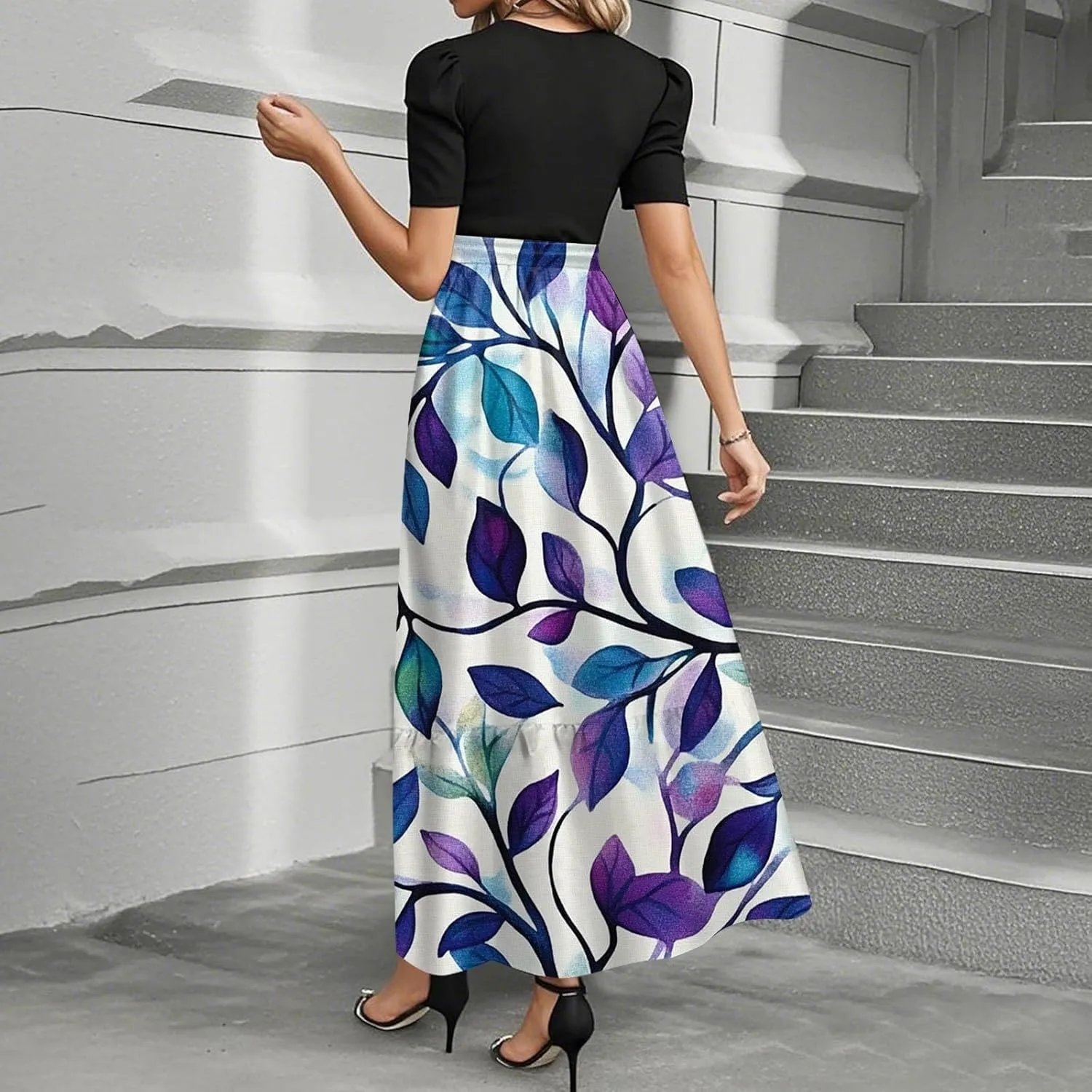 ZEFOTIM Long Flowy Dresses for Women Cute Floral Dress Short Sleeve Crew Neck Dresses with Belt