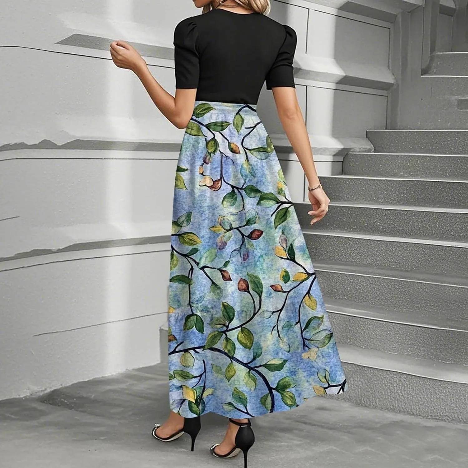 ZEFOTIM Long Flowy Dresses for Women Cute Floral Dress Short Sleeve Crew Neck Dresses with Belt