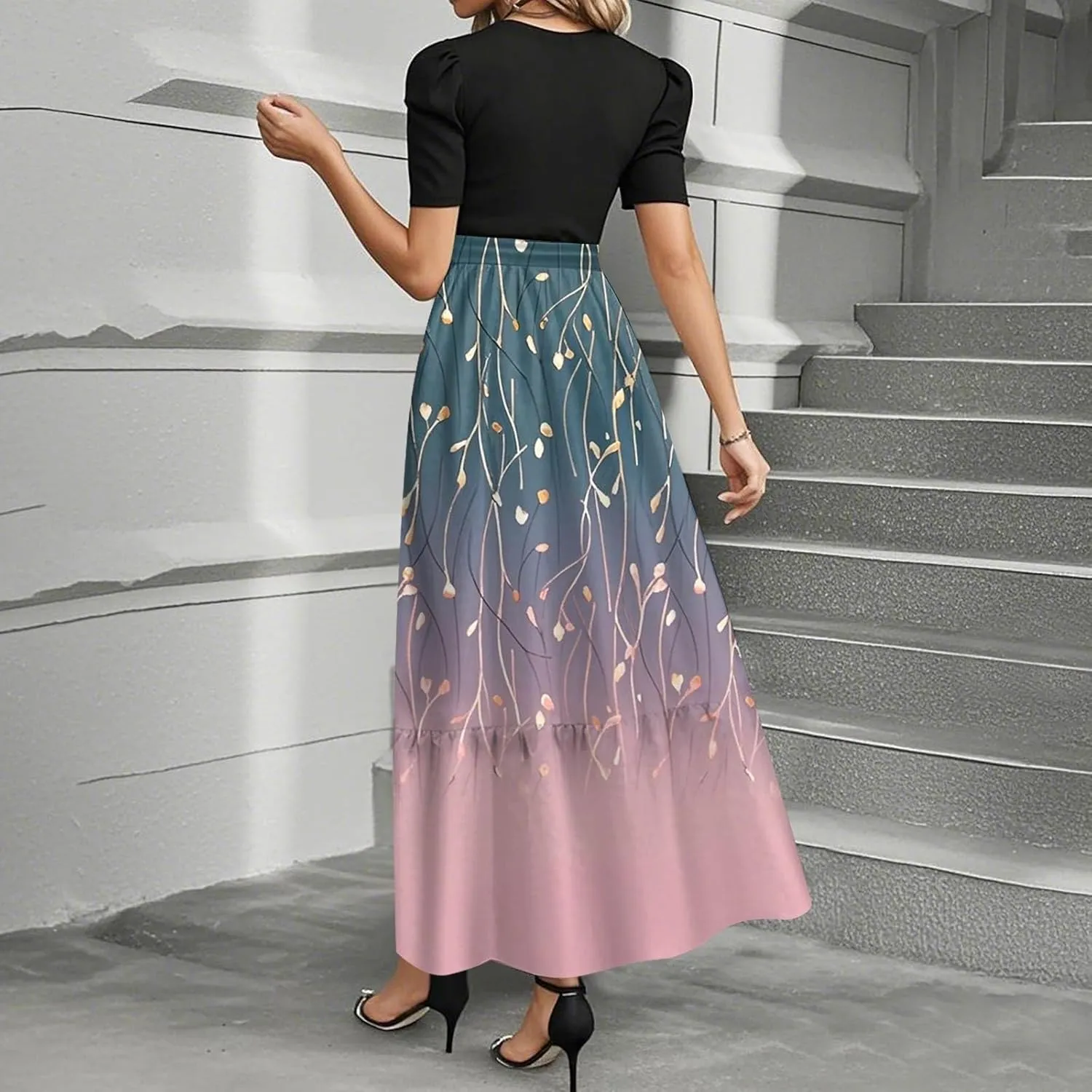 ZEFOTIM Long Maxi Dresses for Women Party Floral Dress Short Sleeve Crew Neck Dresses with Belt