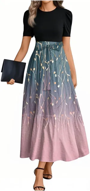 ZEFOTIM Long Maxi Dresses for Women Party Floral Dress Short Sleeve Crew Neck Dresses with Belt