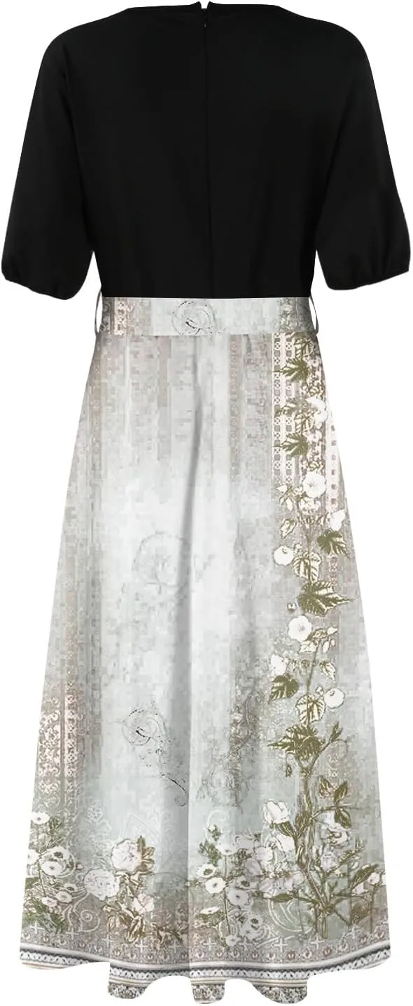 ZEFOTIM Maxi Dresses for Women 2025 Flowy Floral Dress Short Sleeve V Neck Dresses with Slit