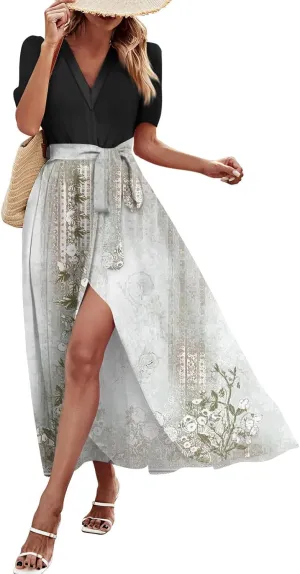 ZEFOTIM Maxi Dresses for Women 2025 Flowy Floral Dress Short Sleeve V Neck Dresses with Slit