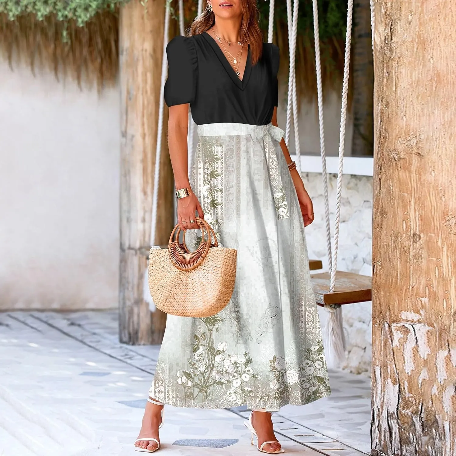 ZEFOTIM Maxi Dresses for Women 2025 Flowy Floral Dress Short Sleeve V Neck Dresses with Slit