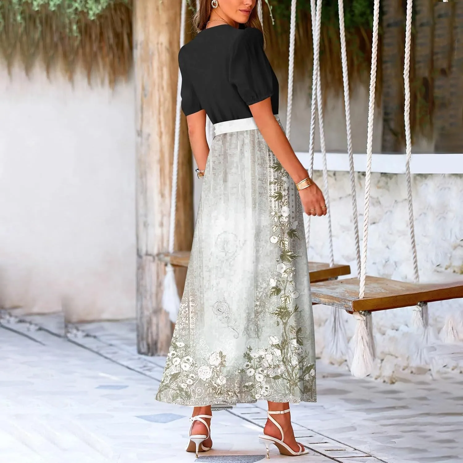 ZEFOTIM Maxi Dresses for Women 2025 Flowy Floral Dress Short Sleeve V Neck Dresses with Slit