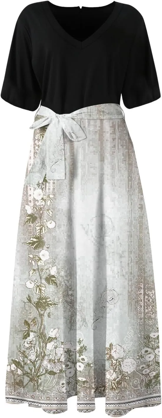 ZEFOTIM Maxi Dresses for Women 2025 Flowy Floral Dress Short Sleeve V Neck Dresses with Slit