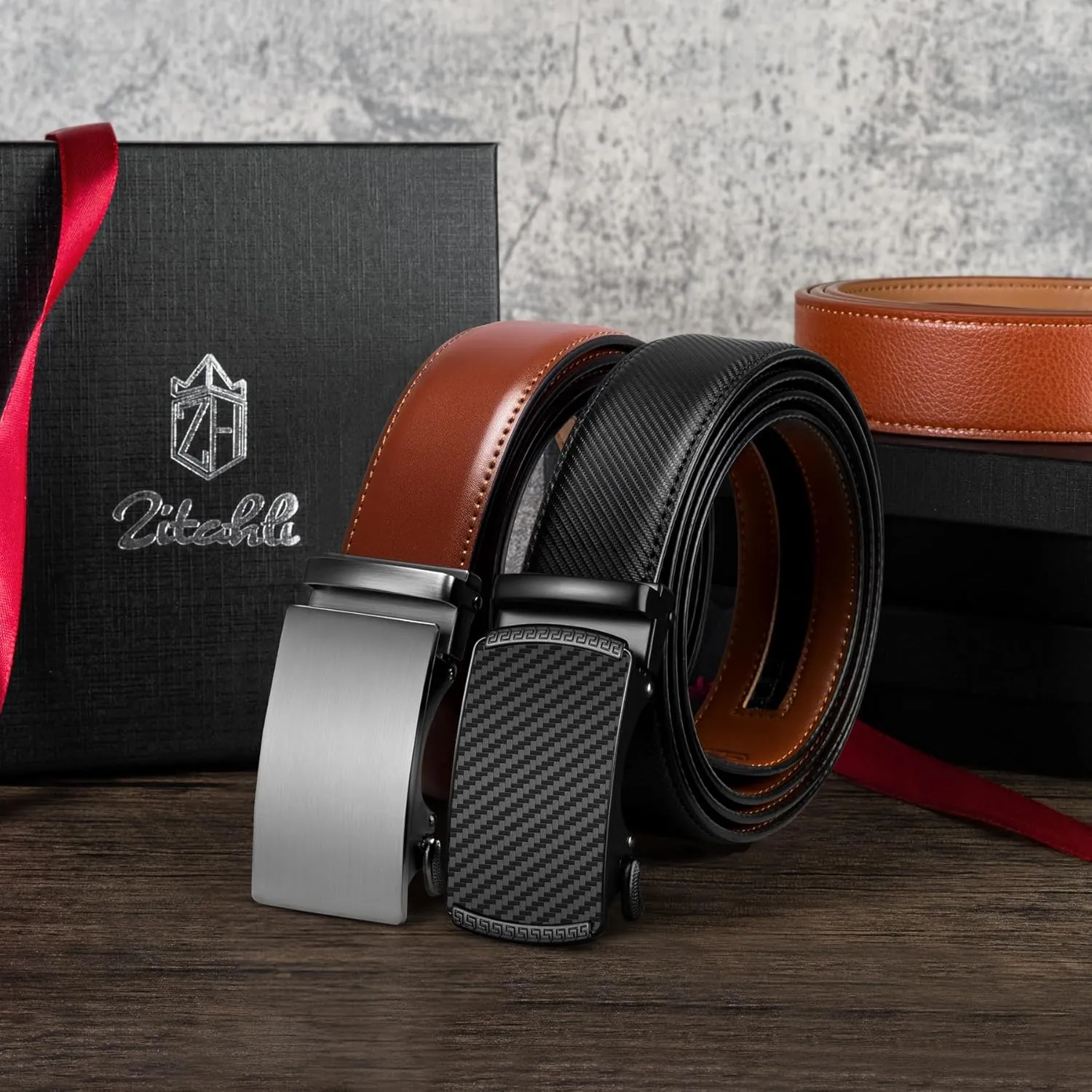 Zitahli Ratchet Belt for Men - 2 Packs Leather Mens belt For Gift Men Dress and Casual,Trim to Fit