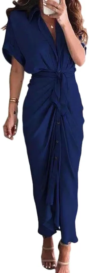 ZWRXW Dresses for Women Button Down Ruched Shirt Dresses Short Sleeve Lapel V Neck Maxi Dress Elegant Work Dress with Belt