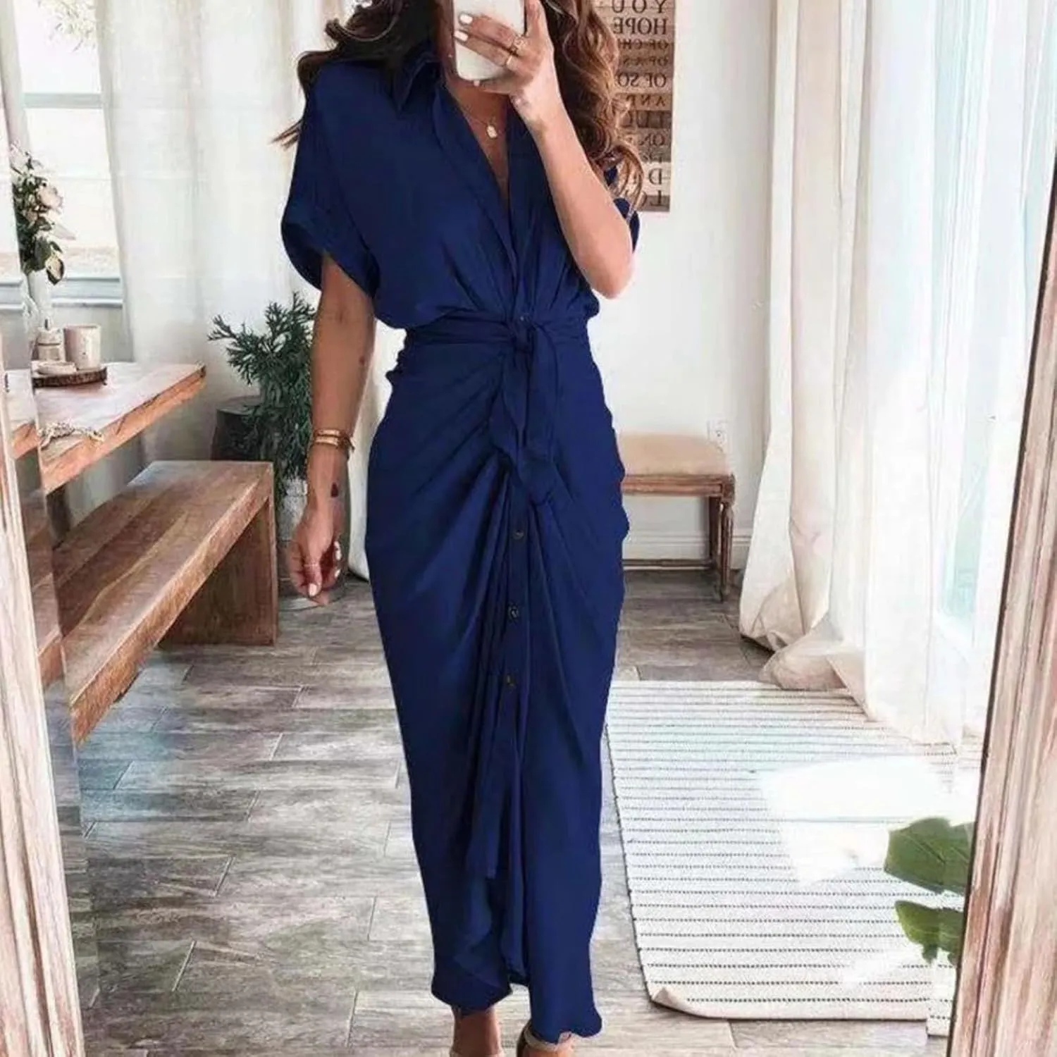ZWRXW Dresses for Women Button Down Ruched Shirt Dresses Short Sleeve Lapel V Neck Maxi Dress Elegant Work Dress with Belt
