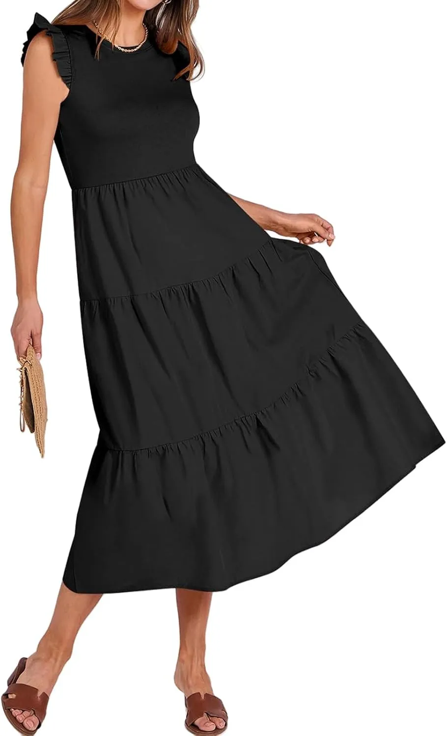 ZWRXW Women's Summer Dresses Casual Flutter Cap Sleeve Dress A-Line Flowy Tiered Beach Midi Dress Trendy Outfits with Pockets
