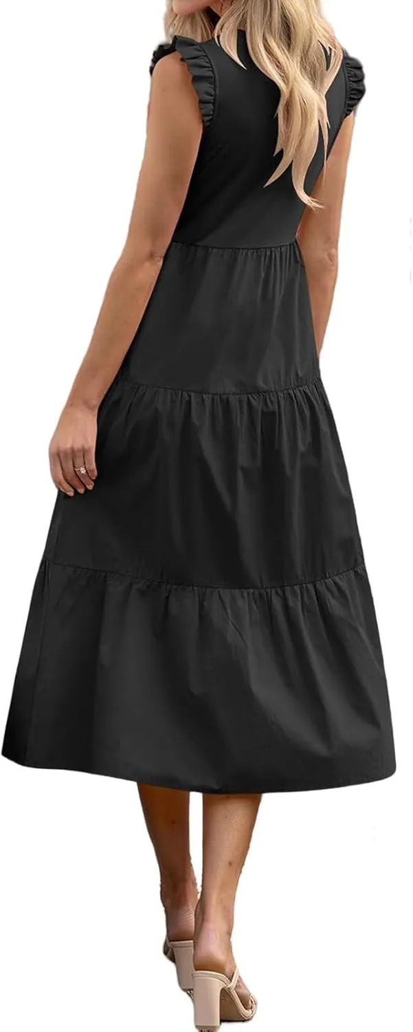 ZWRXW Women's Summer Dresses Casual Flutter Cap Sleeve Dress A-Line Flowy Tiered Beach Midi Dress Trendy Outfits with Pockets