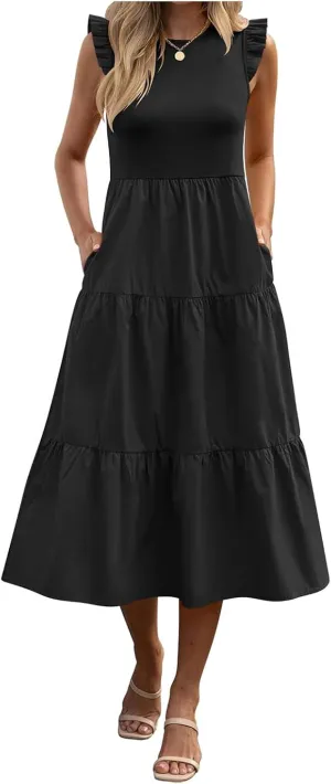 ZWRXW Women's Summer Dresses Casual Flutter Cap Sleeve Dress A-Line Flowy Tiered Beach Midi Dress Trendy Outfits with Pockets