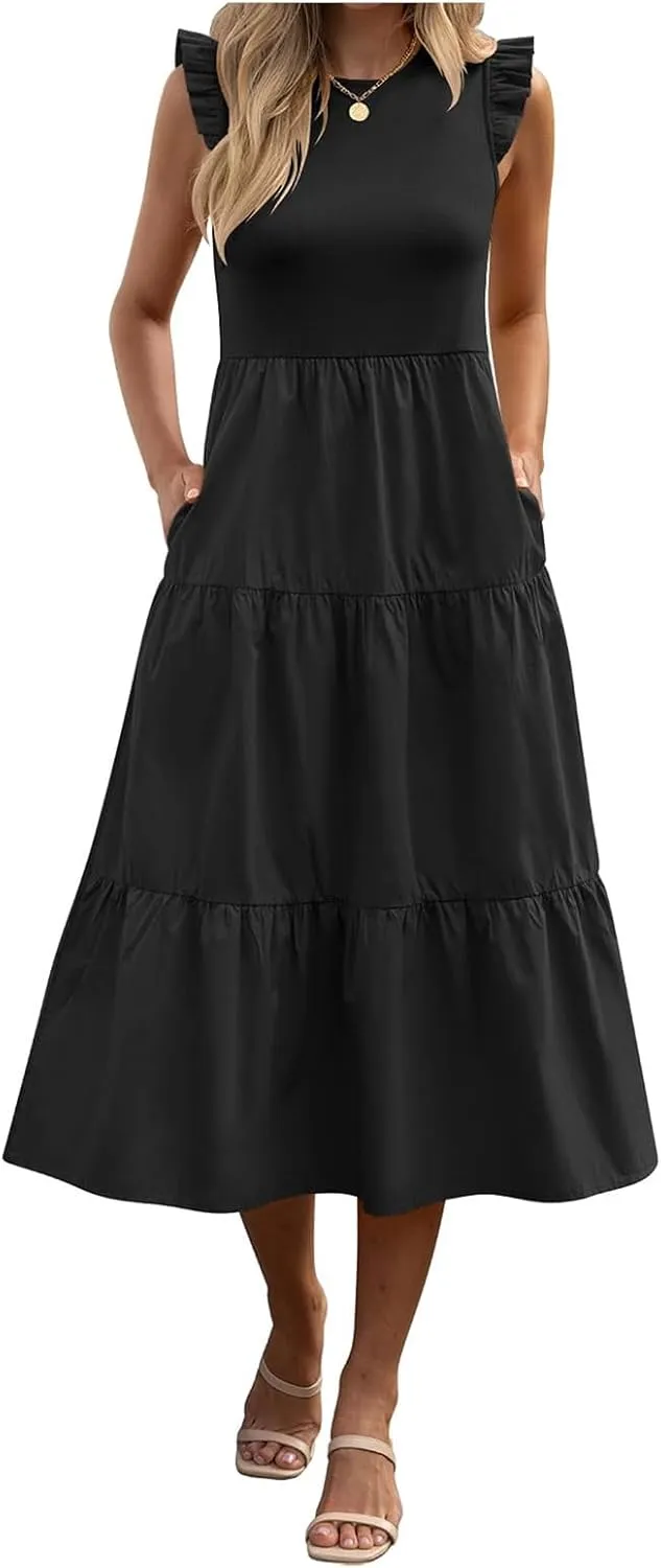 ZWRXW Women's Summer Dresses Casual Flutter Cap Sleeve Dress A-Line Flowy Tiered Beach Midi Dress Trendy Outfits with Pockets